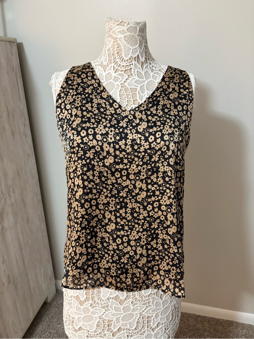 LOFT Black V-Neck Floral Camisole with Tan Flowers